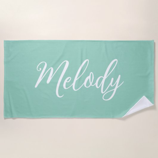Chic Seafoam Green Custom Name Handwritten Script Strandtuch (Vorderseite)
