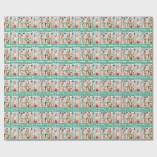 Chic Seafoam Green Happy Birthday Photo Collage Geschenkpapier (Flach)