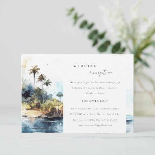 Chic Seascape Palm Tree Island Hochzeitsempfang Begleitkarte (Stehend Vorderseite)