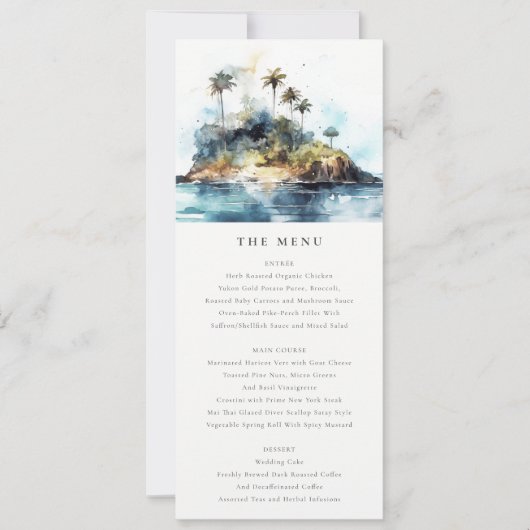 Chic Seascape Palm Tree Island Wedding Menu Card Einladung (Vorderseite)