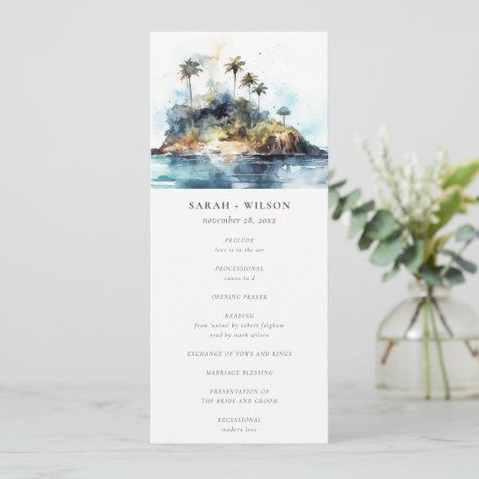 Chic Seascape Palm Tree Island Wedding Programm (Stehend Vorderseite)