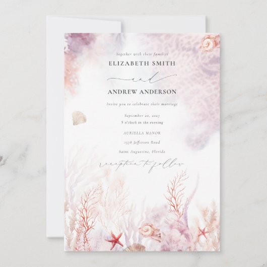 Chic Seashells Coral Underwater QR Code Hochzeit Einladung (Vorderseite)