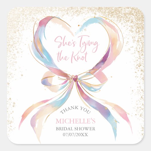 Chic She's Tying the Knot Pink Bow Vielen Dank Quadratischer Aufkleber (Vorderseite)