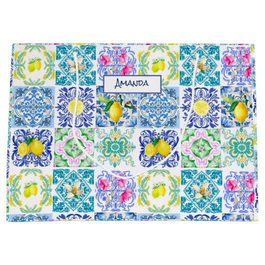 Chic Sicilian azulejo Amalfi Mediterrane Fliesen Große Geschenktüte (Vorderseite)