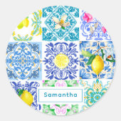 Chic Sicilian azulejo Amalfi Mediterrane Fliesen Runder Aufkleber (Vorderseite)