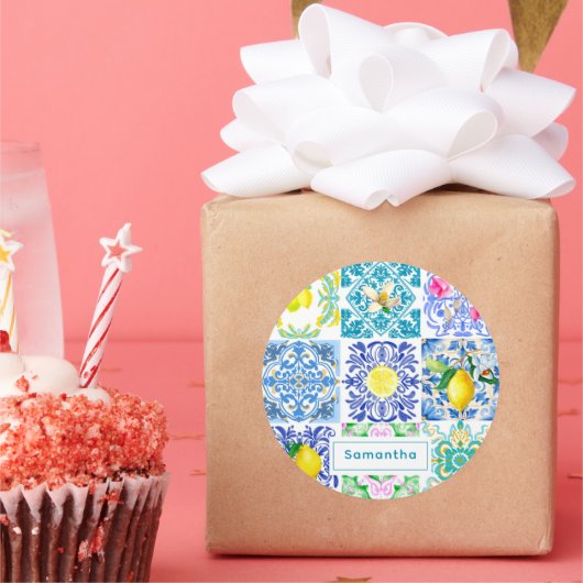 Chic Sicilian azulejo Amalfi Mediterrane Fliesen Runder Aufkleber (Party)