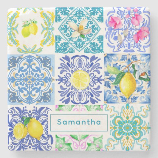 Chic Sicilian azulejo Amalfi Mediterrane Fliesen Steinuntersetzer (Vorderseite)