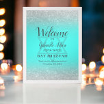 Chic silber Glitzer aquamarin Bat Mitzvah Empfang Poster<br><div class="desc">Chic silberne Typografie und silber Glitzer ombre aquamarin blauen Bat Mitzvah Party Begrüßungszeichen. Der aquamarine blaue Hintergrund ist vollständig anpassbar. Fügen Sie Ihren hebräischen Namen hinzu.</div>