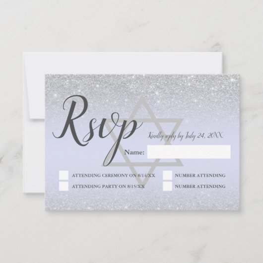Chic silber Glitzer Drehbuch Lavender Bat Mitzvah RSVP Karte (Vorderseite)