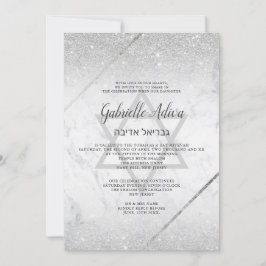 Chic silber Glitzer Drehbuch Marmor Bat Mitzvah Einladung