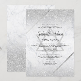 Chic silber Glitzer Drehbuch Marmor Bat Mitzvah Einladung