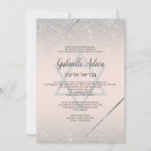 Chic silber Glitzer Drehbuch rot pink Bat Mitzvah Einladung (Vorderseite)
