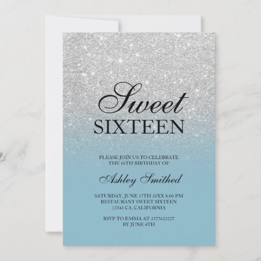 Chic silber Glitzer Eis blau elegant Sweet 16 Einladung (Vorderseite)