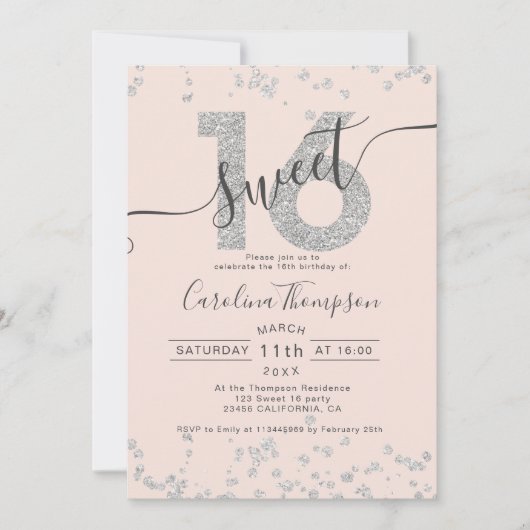 Chic silber Glitzer Konfetti rot Sweet 16 Foto Einladung (Vorderseite)