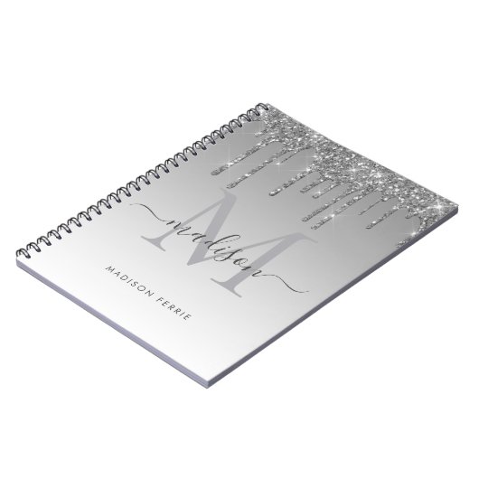 Chic silber Glitzer Monogram Spiralnotebook Notizblock (Linke Seite)