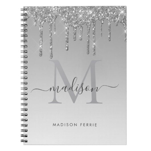 Chic silber Glitzer Monogram Spiralnotebook Notizblock (Vorderseite)
