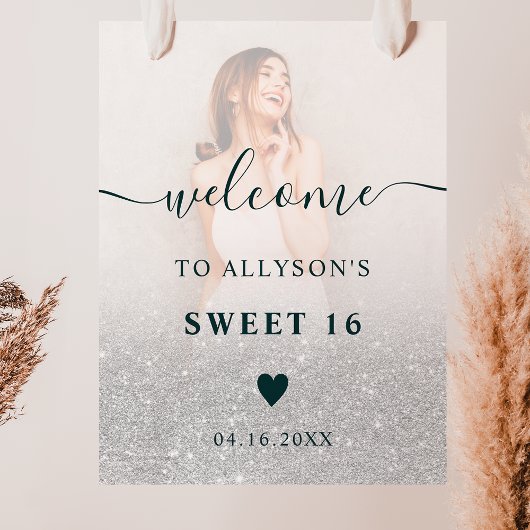 Chic silber Glitzer ombre Foto Sweet 16 willkommen Poster