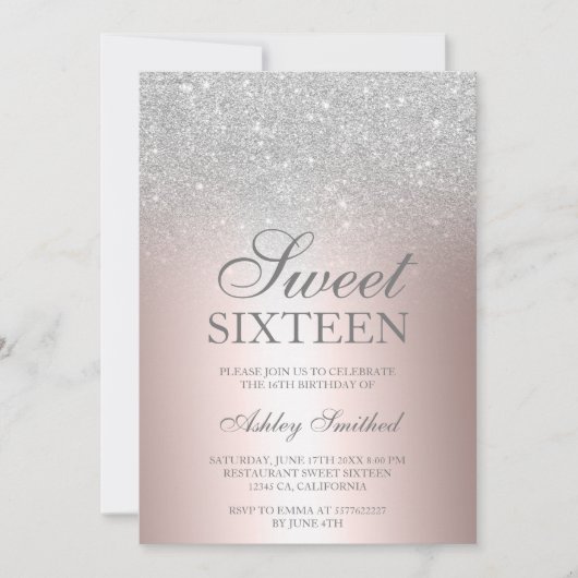 Chic silber Glitzer Rose metallische Folie Sweet 1 Einladung (Vorderseite)