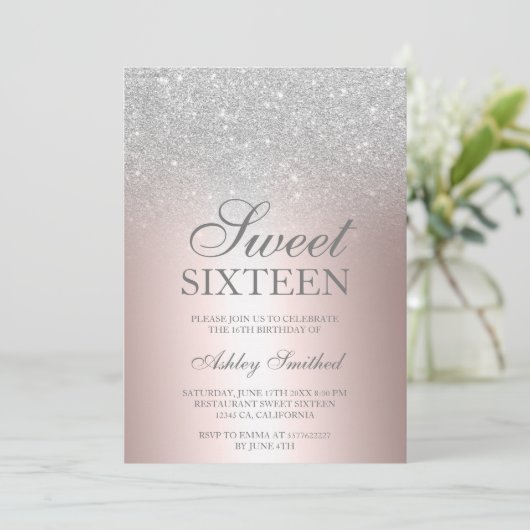 Chic silber Glitzer Rose metallische Folie Sweet 1 Einladung (Stehend Vorderseite)