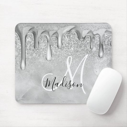 Chic silber ombre Glitzer Tropfen Monogramm Mousepad (Mit Mouse)