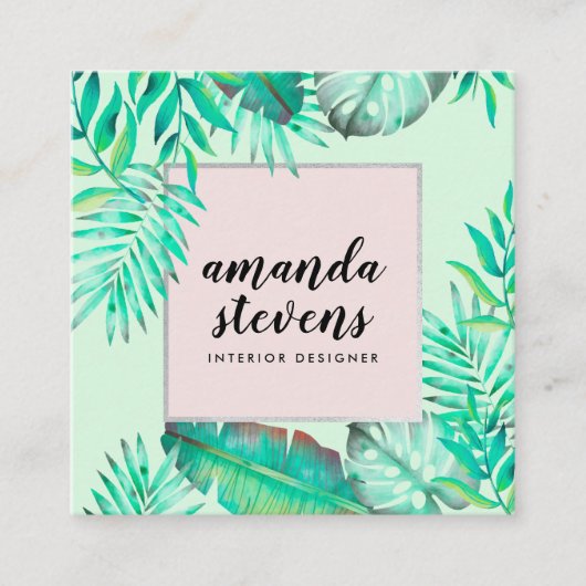 Chic silber Rahmen Minze grüne Aquarell tropisch Quadratische Visitenkarte (Vorderseite)