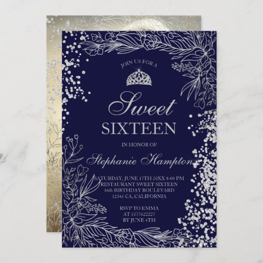 Chic silberne blühende Marine Blau Tiara chic Swee Einladung (Vorne/Hinten)