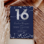 Chic silberne Folie Konfetti Marine blau Sweet 16  Einladung<br><div class="desc">Ein moderner,  schicker und eleganter silberner Glitzer mit 16 Geburtstagsfeiern und moderner Typografie mit silberfarbenem Glitzern-Glitzer auf bearbeitbarem marinebaublauem Hintergrund. Fügen Sie Ihr Foto auf der Rückseite oder verließ einen rosa Hintergrund. Perfekt für die Prinzessin Thema Sweet 16!</div>