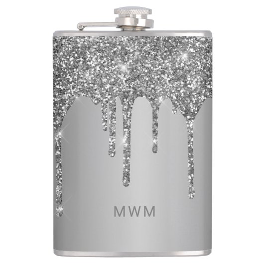 Chic silberne Glittertropfen funkeln Monogramm Flachmann (Vorderseite)