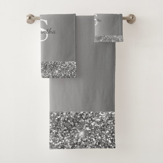 Chic silberne Glittertropfen funkelnder Monogramm- Badhandtuch Set (Insitu)