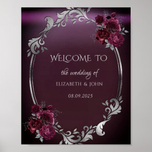 Chic silberner Rahmen burgunderrote Rosen Poster
