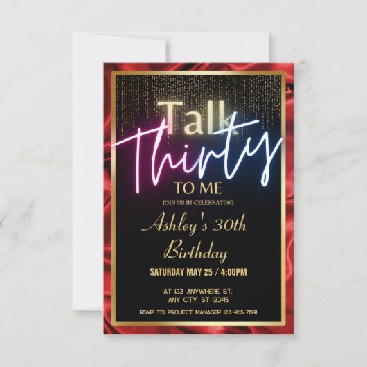 Chic Silk Ruby Red Gold Vortrag 30. bis zum Geburt Einladung (Vorderseite)