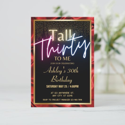 Chic Silk Ruby Red Gold Vortrag 30. bis zum Geburt Einladung (Stehend Vorderseite)