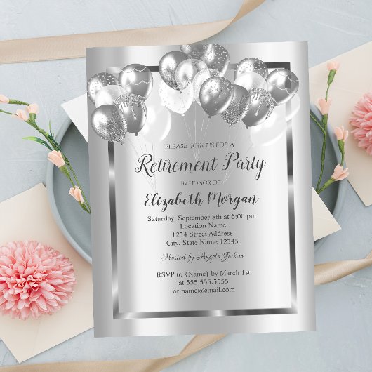 Chic Silver Balloons, Rahmen, Ruhestand Einladung