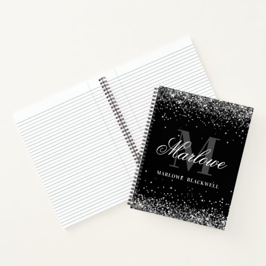 Chic Silver Black and White Monogram Glitzer Notizblock (Innenseite)