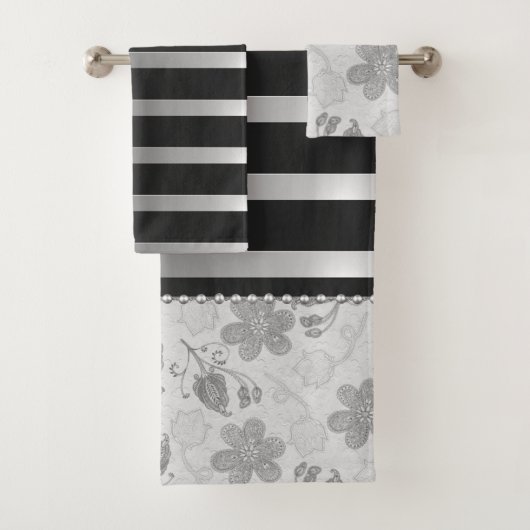 Chic Silver Black Stripes floral Badhandtuch Set (Insitu)