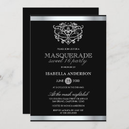 Chic Silver & Black Typografie Masquerade Sweet 16 Einladung