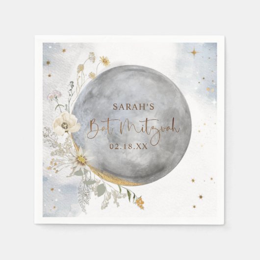 Chic Silver, Blue, Gold Celestial Moon Bat Mitzvah Serviette (Vorderseite)