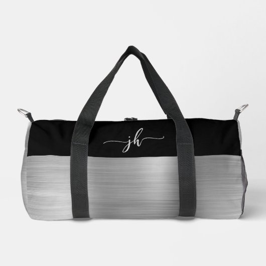 Chic Silver Brushed Metal Black Script Monogram Duffle Bag (Vorderseite)