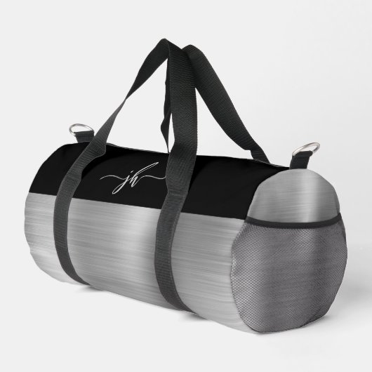 Chic Silver Brushed Metal Black Script Monogram Duffle Bag (Rechte Ecke)