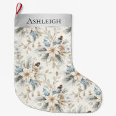 Chic Silver Cream Blue White Floral Weihnachten Großer Weihnachtsstrumpf (Vorderseite)
