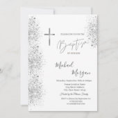 Chic Silver Cross Taufe Silver Glitzer Confetti Einladung (Vorderseite)
