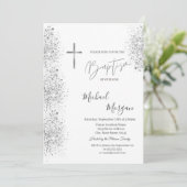 Chic Silver Cross Taufe Silver Glitzer Confetti Einladung (Stehend Vorderseite)