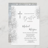 Chic Silver Cross Taufe Silver Glitzer Confetti Einladung (Vorne/Hinten)