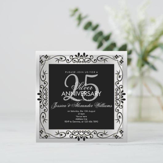 Chic Silver Decorative Gerahmt 25 Jahre alt Einladung (Stehend Vorderseite)