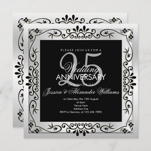 Chic Silver Decorative Gerahmt 25 Jahre alt Einladung (Vorne/Hinten)