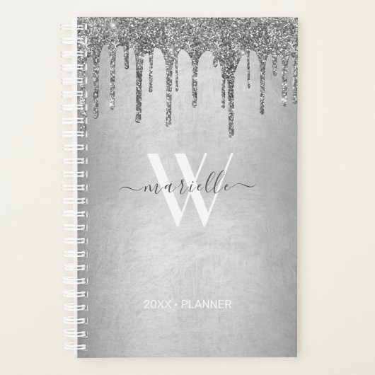 Chic Silver Dripping Glitzer Monogram Name 2022 Planer (Vorderseite)