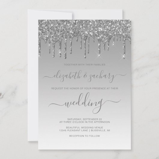 Chic Silver Dripping Glitzer Wedding Einladung (Vorderseite)