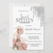 Chic Silver Drips,Eiffel Tower Peonies Sweet 16 Einladung (Vorderseite)