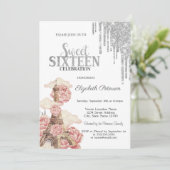 Chic Silver Drips,Eiffel Tower Peonies Sweet 16 Einladung (Stehend Vorderseite)