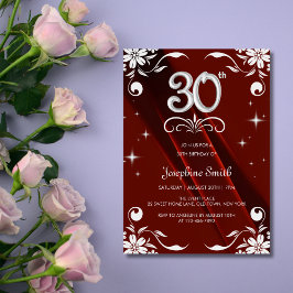 Chic Silver Floral Frame Burgundy 30. Geburtstag Einladung